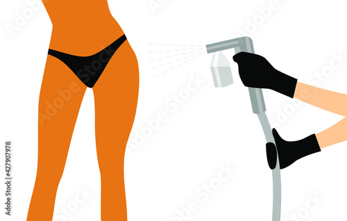 Hands in black gloves with a black spray tan machine sprays tan on a woman's body in black bikini. Vector illustration of auto tanning procedure