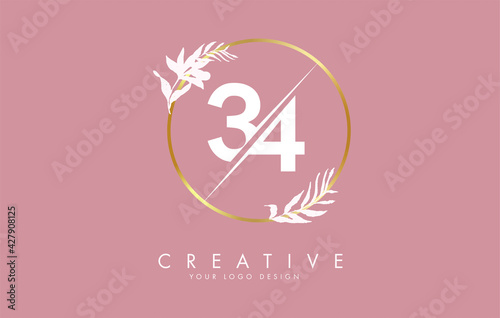 Numbers 34 3 4 logo design with golden circle and white leaves on branches around. Vector Illustration with numbers 3 and 4.