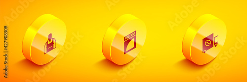 Set Isometric Barista, Coffee paper filter and street truck machine icon. Vector