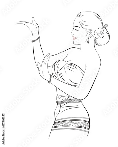 Traditional classical Thai dancing beauty girl. vector illustration isolated cartoon hand drawn
