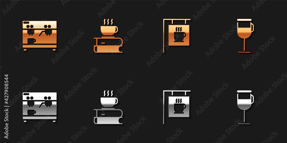 Set Coffee machine, cup and book, Street signboard coffee and Irish icon. Vector Set Coffee machine, cup and book, Street signboard coffee and Irish icon. Vector