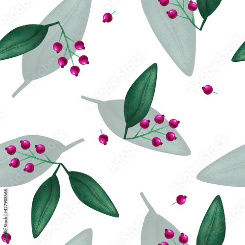 A seamless pattern of green leaves, berries, and twigs. Can be used for your design.