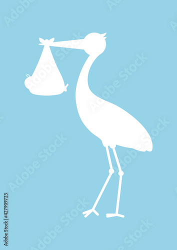 Karte Stehender Storch Mit Baby Junge Silhouette Blau