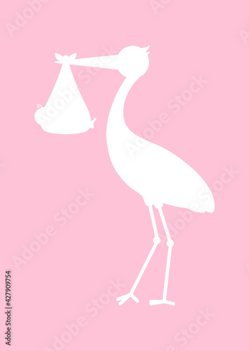 Karte Stehender Storch Mit Baby Mädchen Silhouette Pink