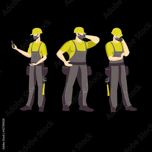 Construction. Builders, group illustration. Vector illustration. Industrial theme. Episode from the life of workers. Carpenters. 