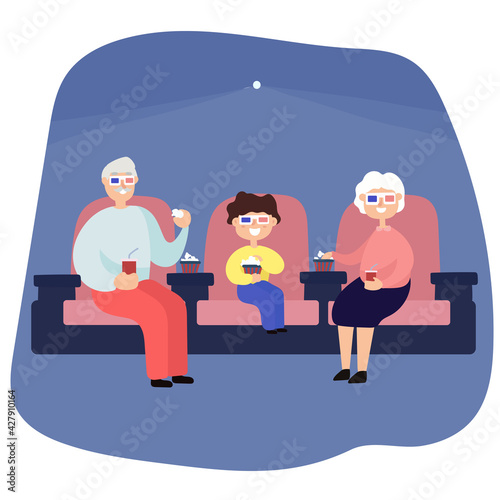 Vector illustration. Couple of seniors at cinema with grandson
