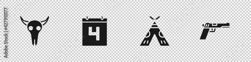 Set Buffalo skull, Calendar with date July 4, Indian teepee or wigwam and Pistol gun icon. Vector