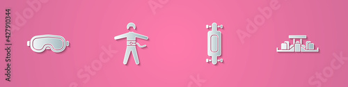 Set paper cut Ski goggles, Bungee jumping, Longboard or skateboard and Formula 1 racing car icon. Paper art style. Vector