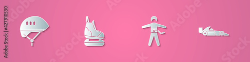 Set paper cut Bicycle helmet, Skates, Bungee jumping and Formula 1 racing car icon. Paper art style. Vector