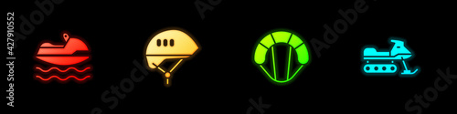 Set Jet ski, Bicycle helmet, Parachute and Snowmobile icon. Vector