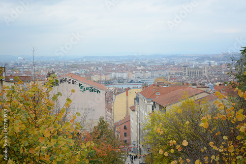 Lyon, France - October 25, 2020: City panoramic view from Grande Cote Garden