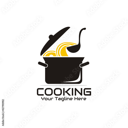 illustration vector graphic of soup is taken with a ladle from the pan, perfect for food, cooking, restaurant, resto, cafe, etc.