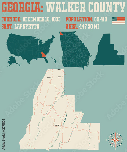 Large and detailed map of Walker county in Georgia, USA.
