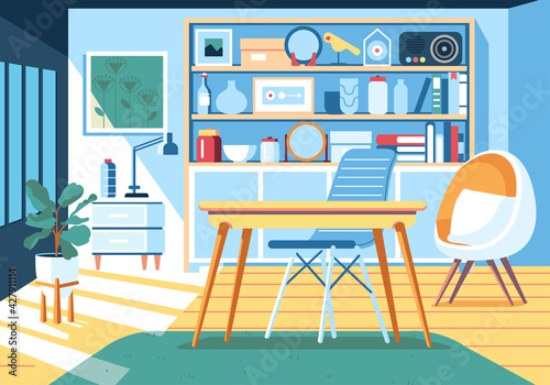 modern minimalist working room design interior, with wall rack to store various items, indoor plant, desk, chair vector illustration