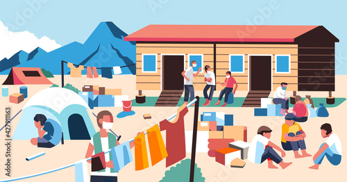 People who have survived natural disasters live in shelters and carry out various activities there