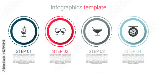 Set Cocktail, Glass of cognac or brandy, and Street signboard with Bar. Business infographic template. Vector