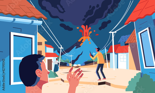 the village people panicked seeing the volcanic eruption and lava gushing out of the mountain