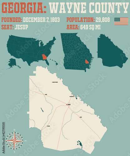 Large and detailed map of Wayne county in Georgia, USA.