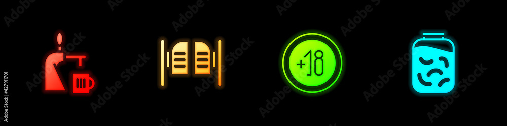 Set Beer tap with glass, Saloon door, Alcohol 18 plus and Pickled cucumbers in jar icon. Vector Set Beer tap with glass, Saloon door, Alcohol 18 plus and Pickled cucumbers in jar icon. Vector