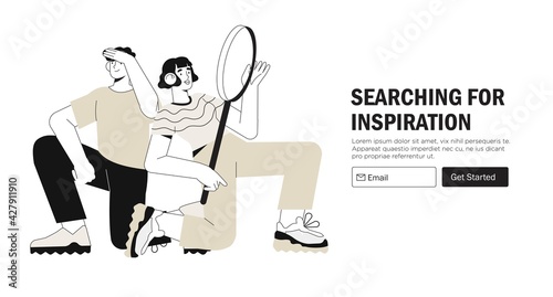 People looking for inspiration, answer or job. Woman hold magnifying glass or loupe. Business metaphore for search or research, development, web surfing. Trendy outline characters for web ui design.
