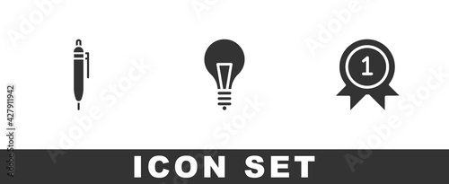 Set Pen, Light bulb with concept of idea and Medal icon. Vector