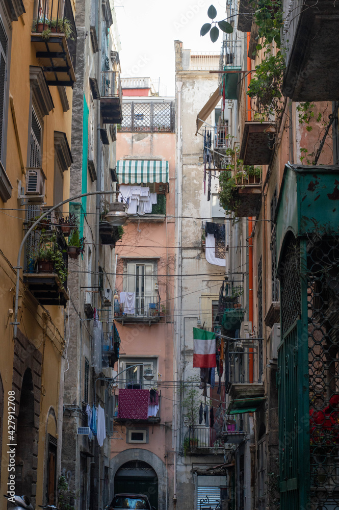 Vico II Foglie a Santa Chiara, a narrow street in Naples, Italy
