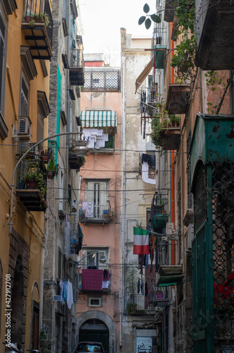 Vico II Foglie a Santa Chiara, a narrow street in Naples, Italy