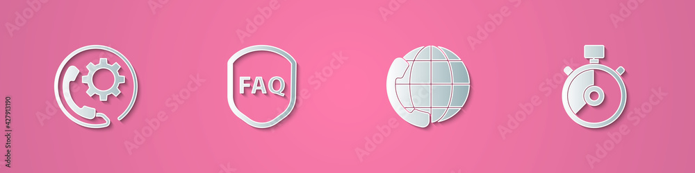 Set paper cut Telephone 24 hours support, Shield with text FAQ, and Stopwatch icon. Paper art style. Vector Set paper cut Telephone 24 hours support, Shield with text FAQ, and Stopwatch icon. Paper art style. Vector