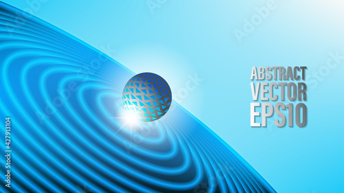 3d abstract blue poster. Patterned volumetric sphere with a bright radiant glow and large circles