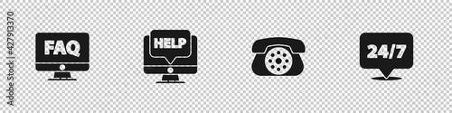 Set Computer monitor and FAQ, help, Telephone and Clock 24 hours icon. Vector