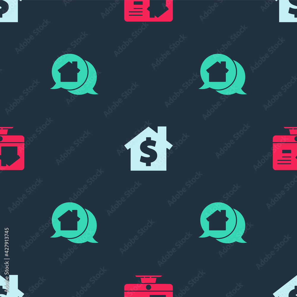 Set Online real estate house, House with dollar symbol and Real message on seamless pattern. Vector Set Online real estate house, House with dollar symbol and Real message on seamless pattern. Vector