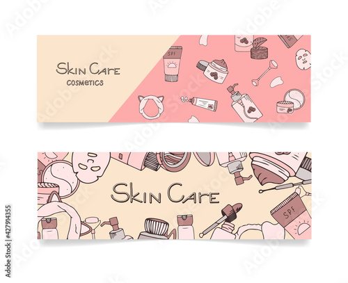 Cosmetic beauty banner set. Hand drawn style.Vector collection with the image of cosmetic products and lettering skin care. Korean kosmetics.