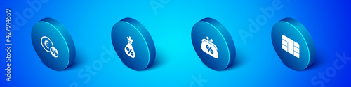 Set Isometric Money coin with percent, Purse money, Credit card chip and bag icon. Vector