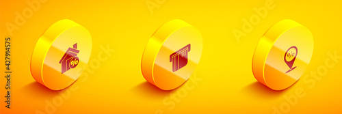 Set Isometric House with percant discount, Credit card and Location percent icon. Vector
