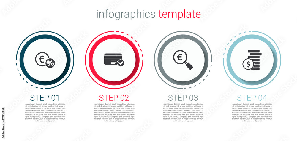 Set Money coin with percent, Credit card, Magnifying glass and euro and Coin money dollar. Business infographic template. Vector Set Money coin with percent, Credit card, Magnifying glass and euro and Coin money dollar. Business infographic template. Vector