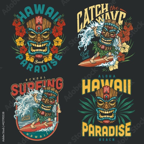 Hawaii surfing vintage colorful labels