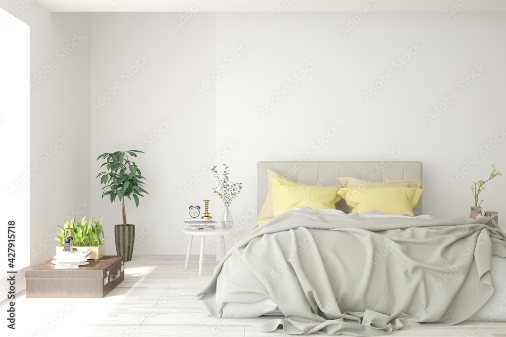 Soft color bedroom interior. Scandinavian design. 3D illustration - obrazy, fototapety, plakaty 