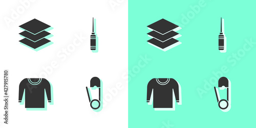 Set Safety pin, Layers clothing textile, Sweater and Awl tool icon. Vector
