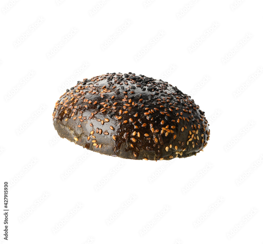 top half of baked black round sesame bun for hamburger, food top half of baked black round sesame bun for hamburger, food