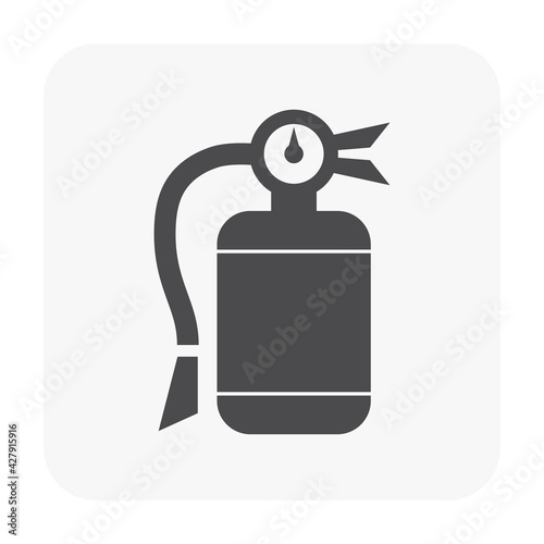 Fire extinguisher vector icon. Safety equipment or emergency tool with handle, sign, hose, chemical powder or foam for firefighter to extinguish, protection, prevention, suppression by spray to fire.