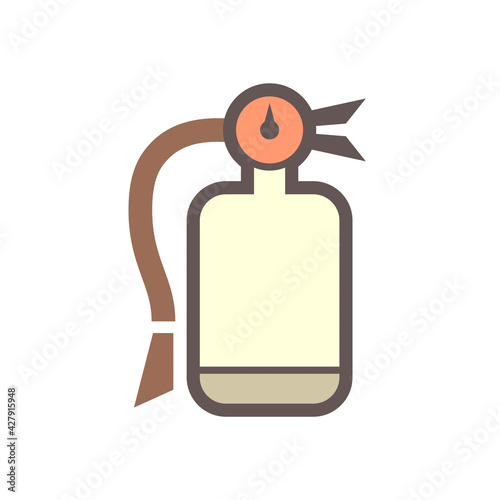 Fire extinguisher vector icon. Safety equipment or emergency tool with handle, sign, hose, chemical powder or foam for firefighter to extinguish, protection, prevention, suppression by spray to fire.
