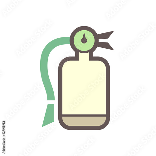 Fire extinguisher vector icon. Safety equipment or emergency tool with handle, sign, hose, chemical powder or foam for firefighter to extinguish, protection, prevention, suppression by spray to fire.