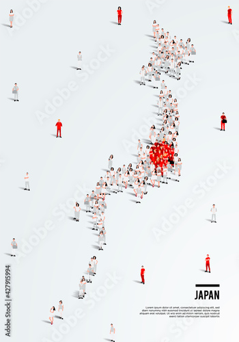 Japan Map and Flag. A large group of people in Japanese flag color form to create the map. Vector Illustration.