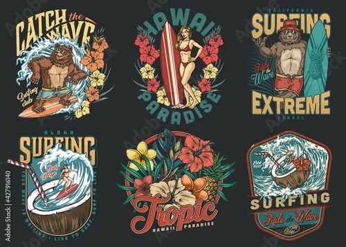Colorful vintage surfing badges