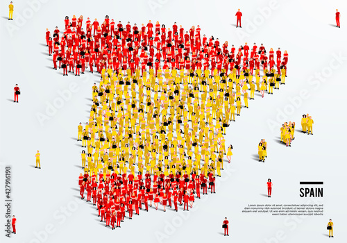 Spain Map and Flag. A large group of people in Spanish flag color form to create the map. Vector Illustration.`