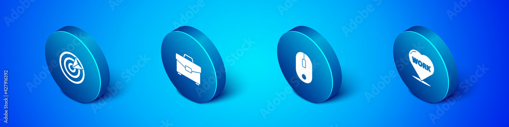 Set Isometric Target sport, Computer mouse, Heart with text work and Briefcase icon. Vector Set Isometric Target sport, Computer mouse, Heart with text work and Briefcase icon. Vector