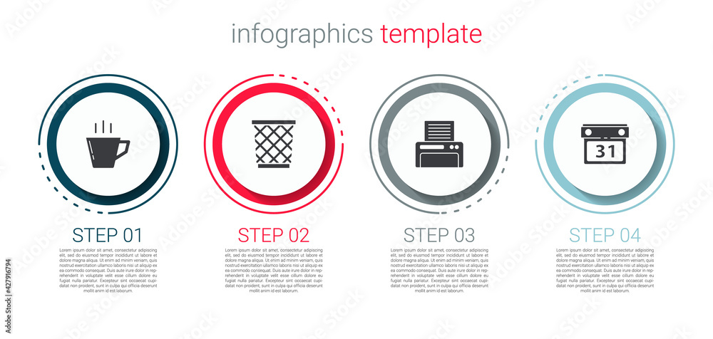 Set Coffee cup, Trash can, Printer and Calendar. Business infographic template. Vector
