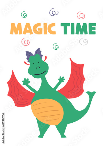 The Green Dragon Waving Its Paws. The magical character from the tale. Poster for children s room with lettering magic time