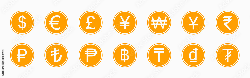 Golden coins with various currency symbols. Currencies collection set isolated on white background. Vector illustration. Golden coins with various currency symbols. Currencies collection set isolated on white background. Vector illustration.