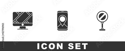 Set Monitor with location marker, City map navigation and Stop sign icon. Vector